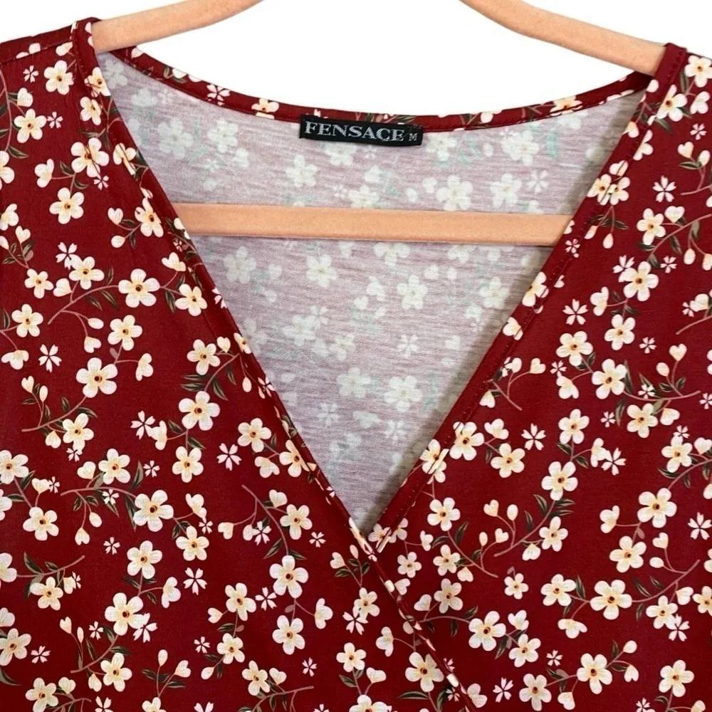 Fensace Womens Red With Yellow Floral Sun Dress Sleeveless Teared Skirt - Picture 3 of 10